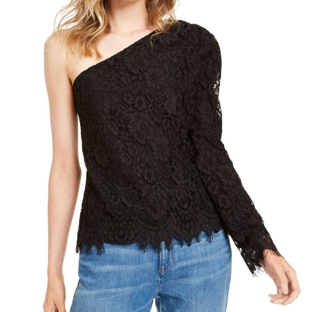 NWT Leyden Asymmetric Lace Floral Top - L / Black